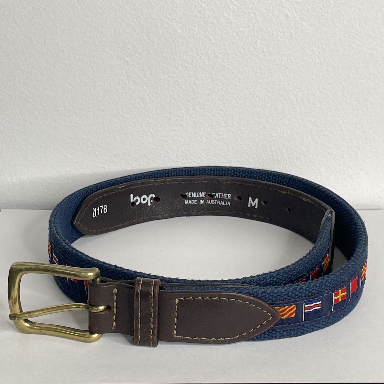 LOOP Mens Fabric Leather Belt Sz 34-36 Brown Navy Maritime Signal Flags R B Y C