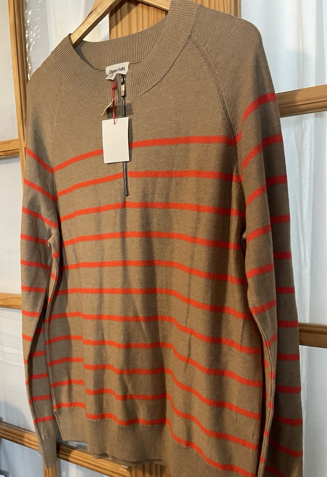 Open Edit Men’s Pullover Sweater 2XL Beige Orange Stripes 1/4 Zip Mocked Neck