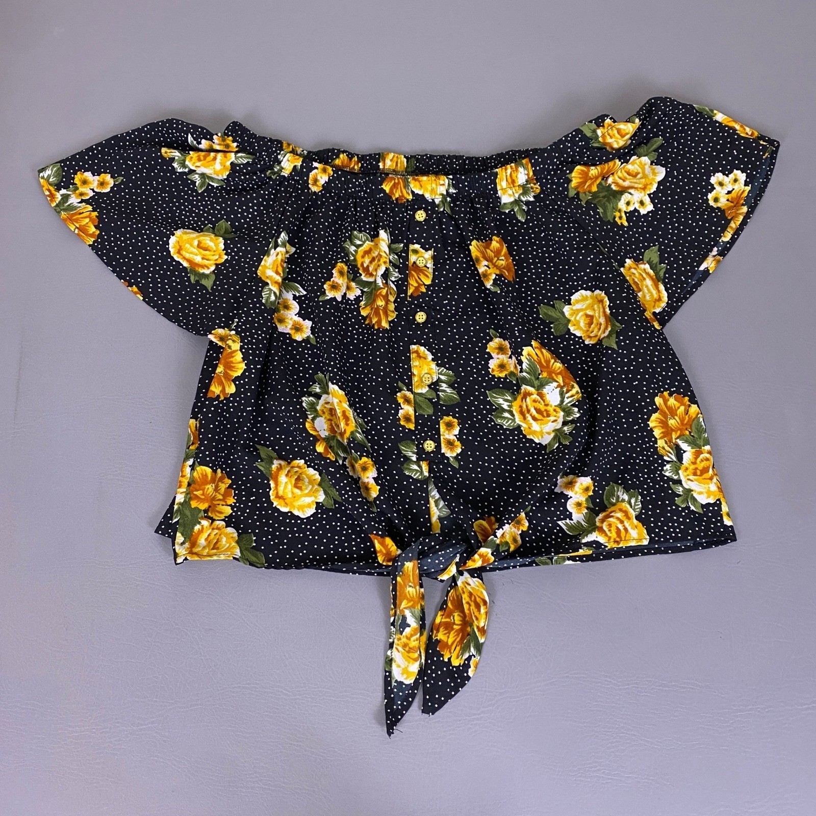 Mileage Crop Top Blouse Women’s 3X Black Floral Polka Dot Off Shoulder Tie Front