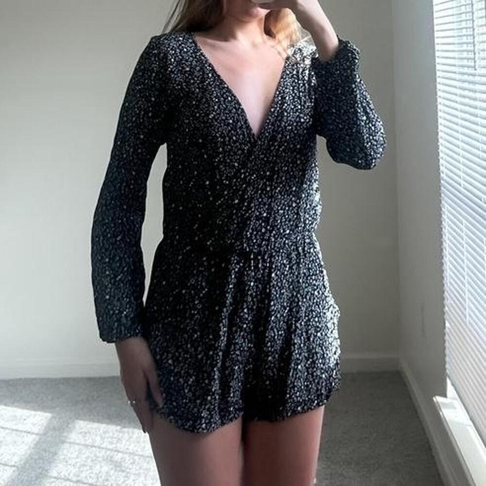 vintage floral long sleeve romper with plunging vneck