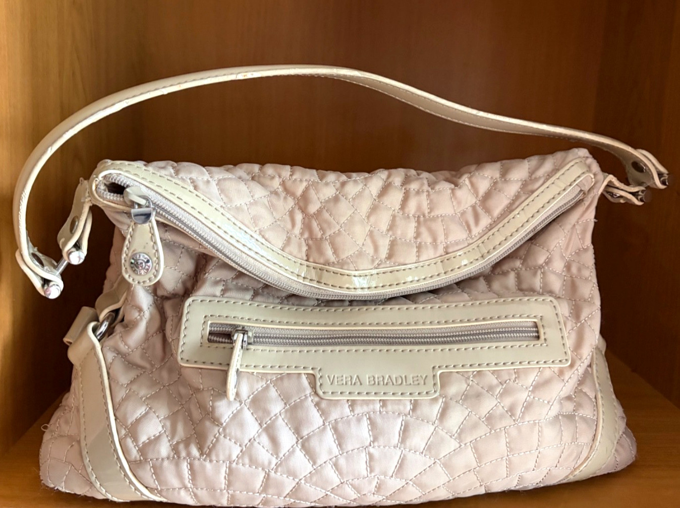 VERA BRADLEY EMMA BEIGE QUILTED NYLON TOP ZIP SHOULDER SATCHEL HANDBAG