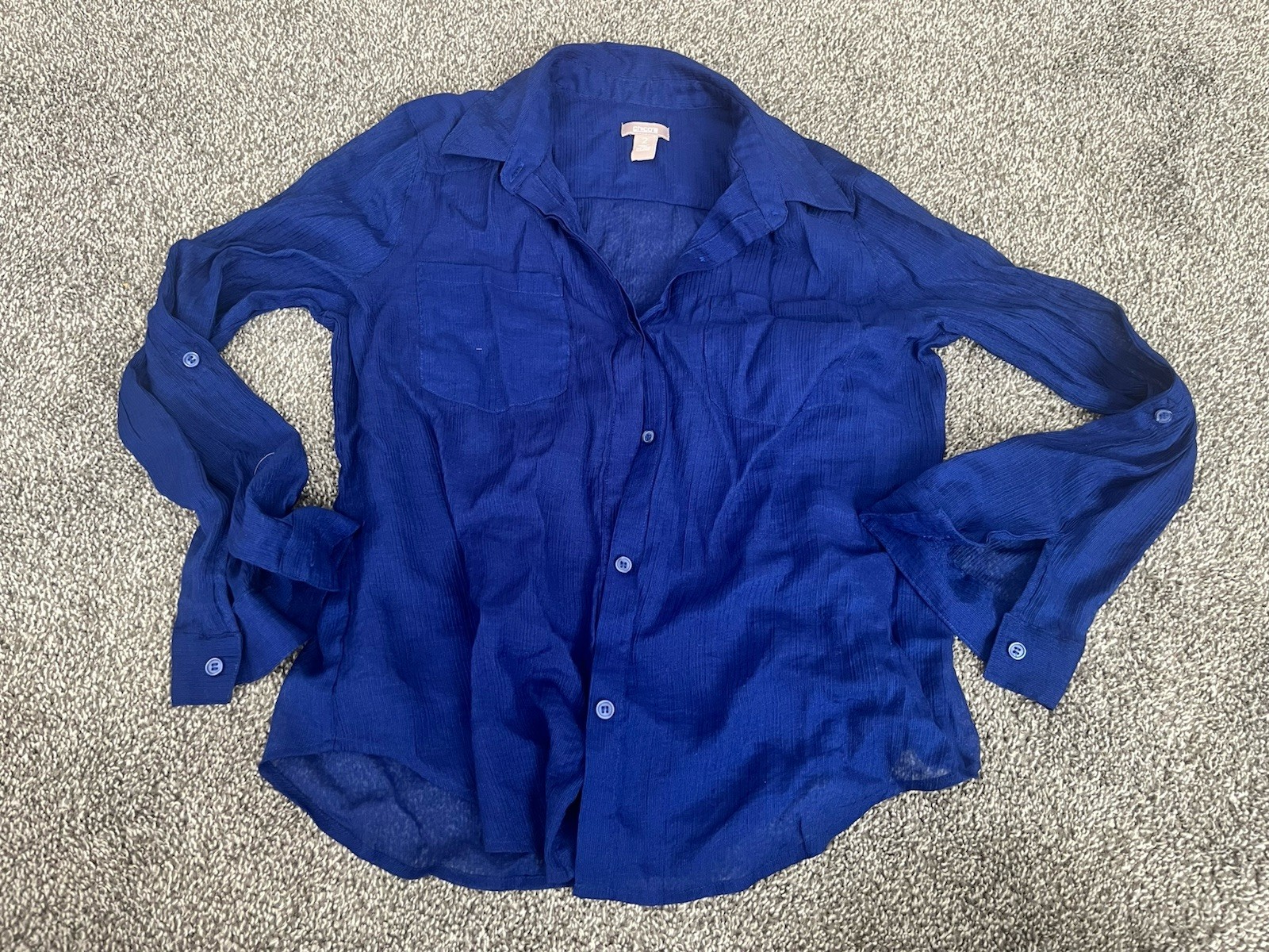 Chico’s Shirt Size 2 Blue 3/4 Roll Tab Sleeve Button Up Lightweight Fabric JJ