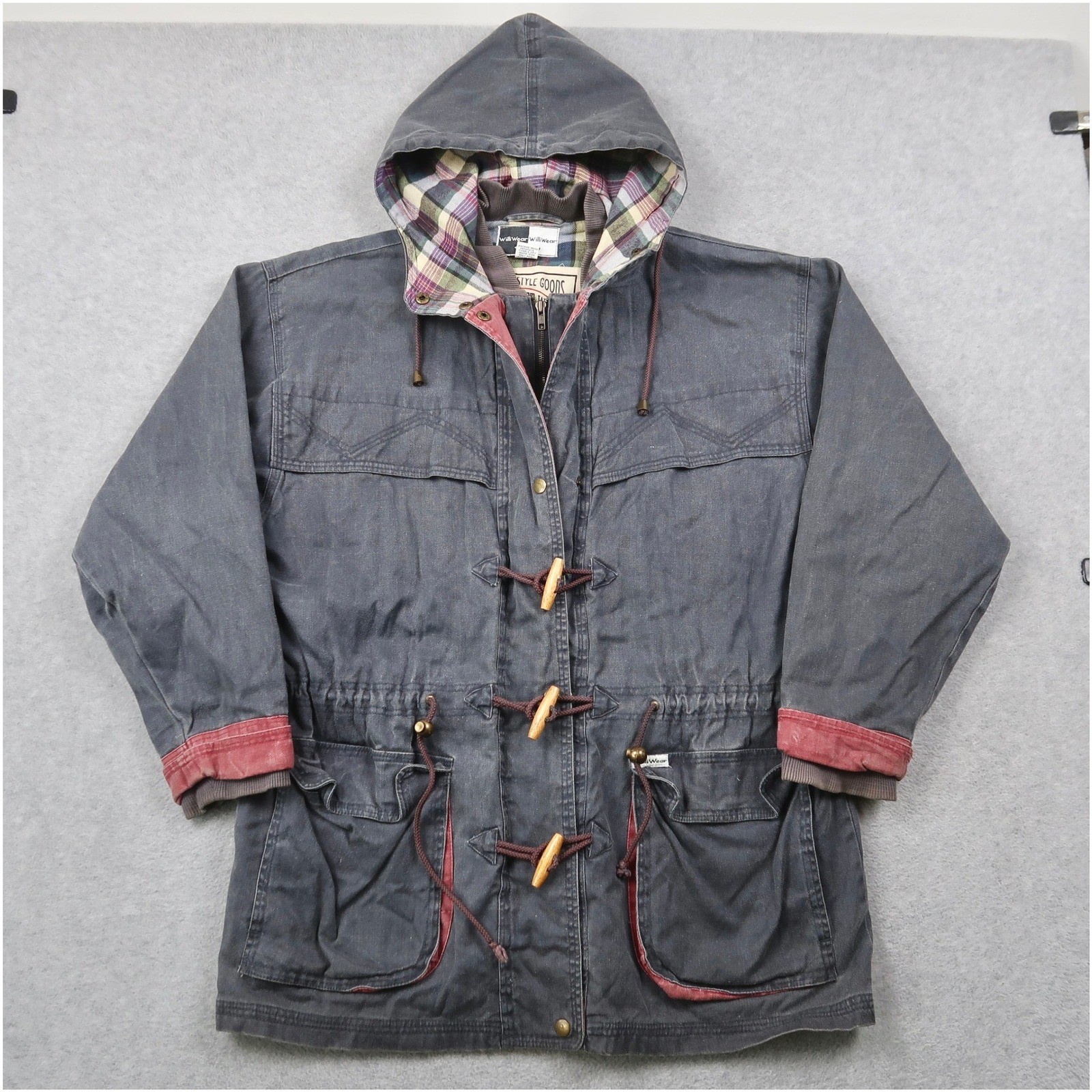 Vintage WilliWear Sport Mens Hooded Canvas Jacket Black Size M Toggle Zip Parka