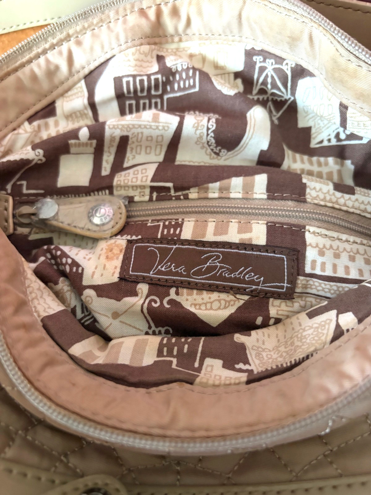 VERA BRADLEY EMMA BEIGE QUILTED NYLON TOP ZIP SHOULDER SATCHEL HANDBAG