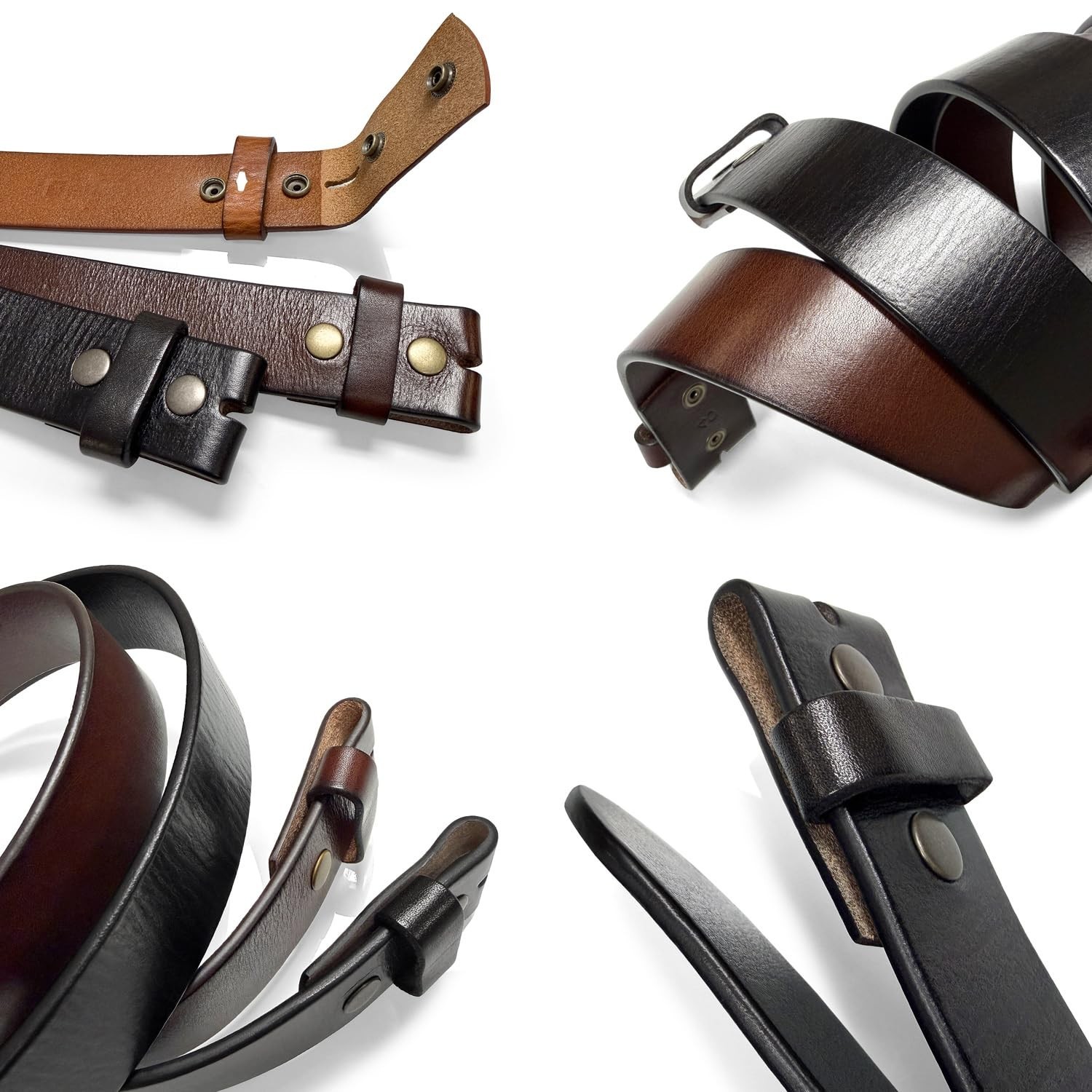 Genuine Full Grain One-Piece 100% Leather Plain Belt Strap with Snaps or Heav…