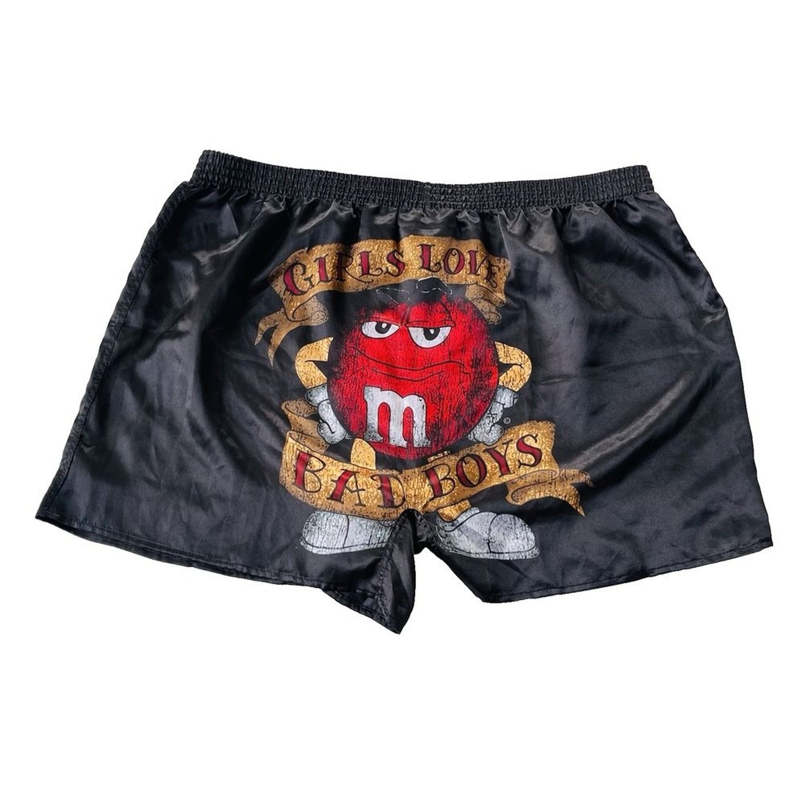 Vintage M&M’s Boxer Shorts XXL 44-46 Black Satin Candy Print Lounge Sleepwear