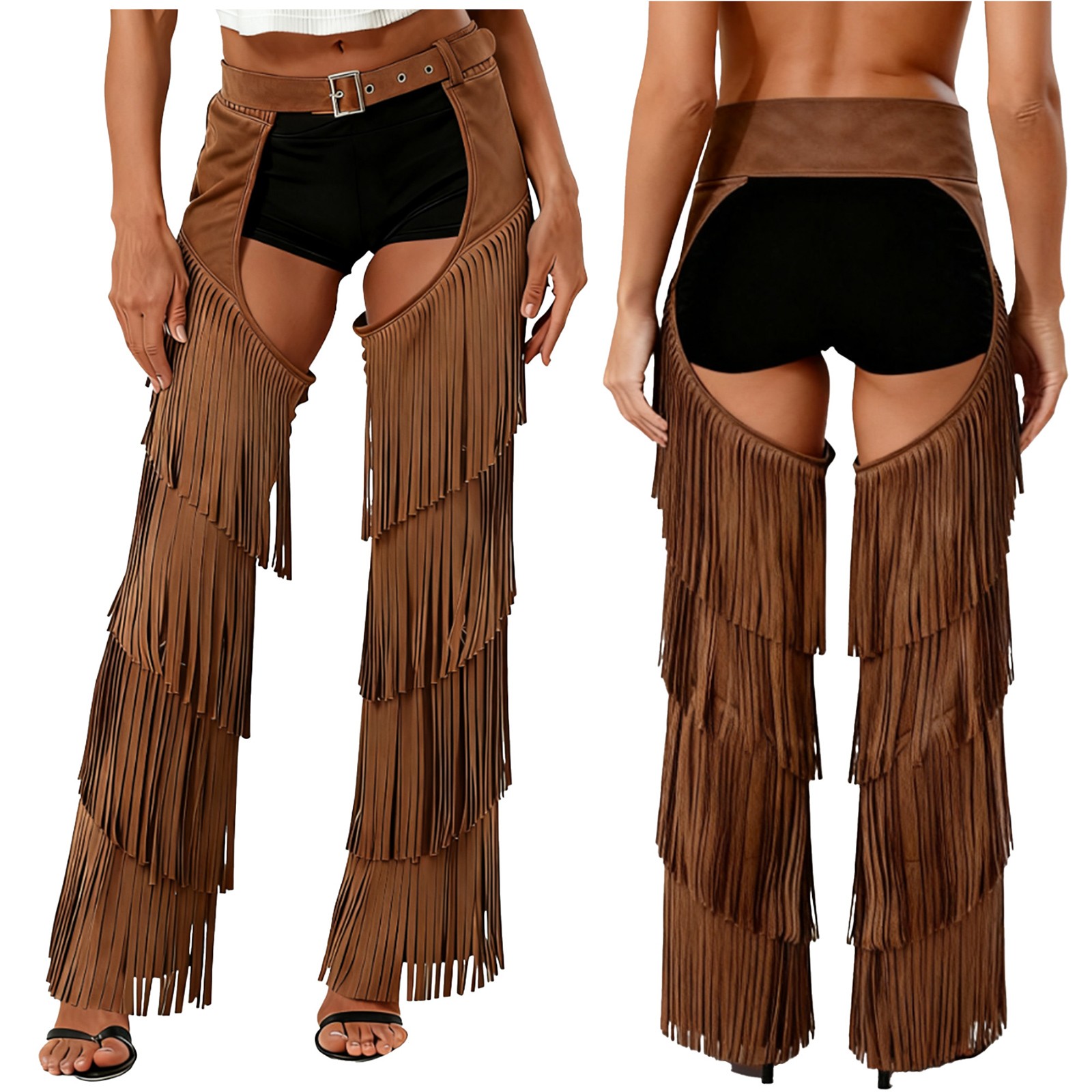 US Womens Hollow Out Cowboy Chaps Buttless Tassel Adjustable Waist Chaps Trouser