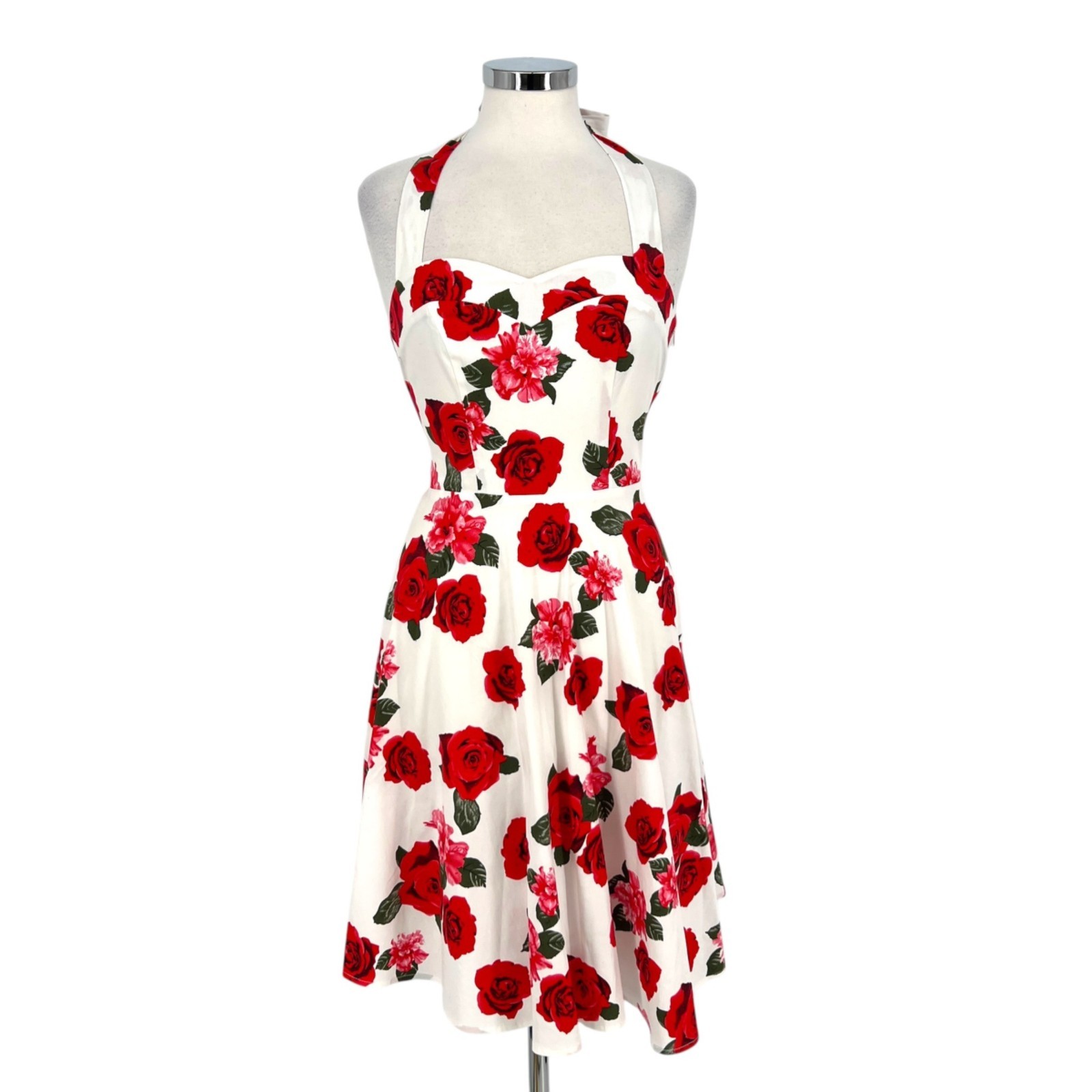 Top Dress Pin-up Retro 50s Rose Halter Swing Dress White Red Size Small