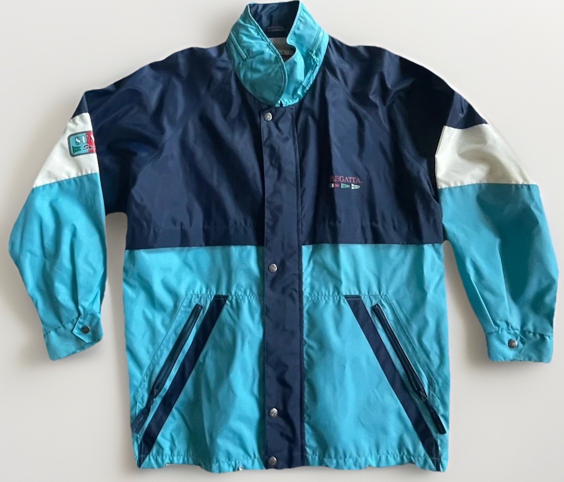 Vintage 90s Colorblock Sailing Jacket Men’s M Aqua Navy Windbreaker Zip Lined