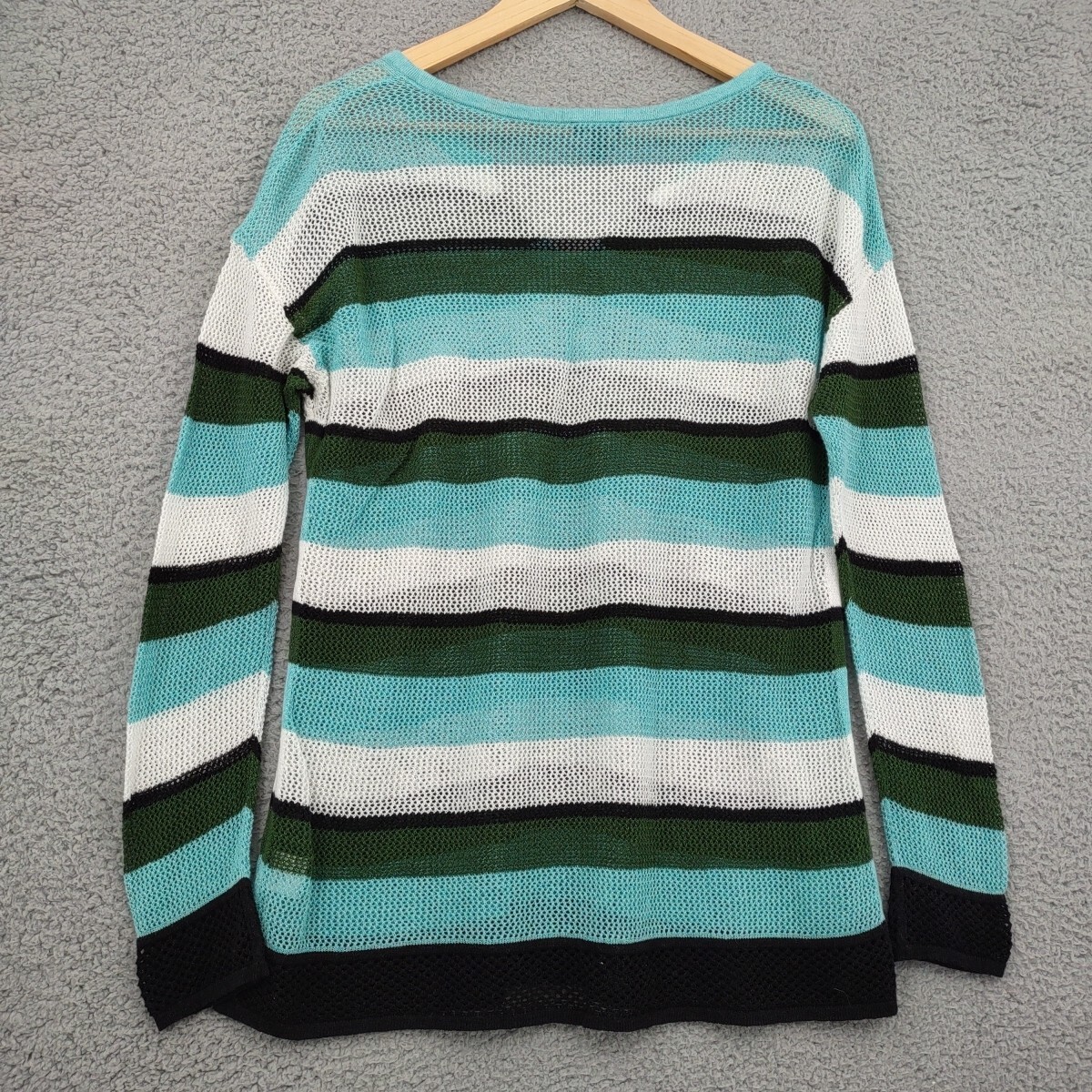 Talbots Top Womens Large Green Striped Linen Blend Open Knit Mesh Split Neck