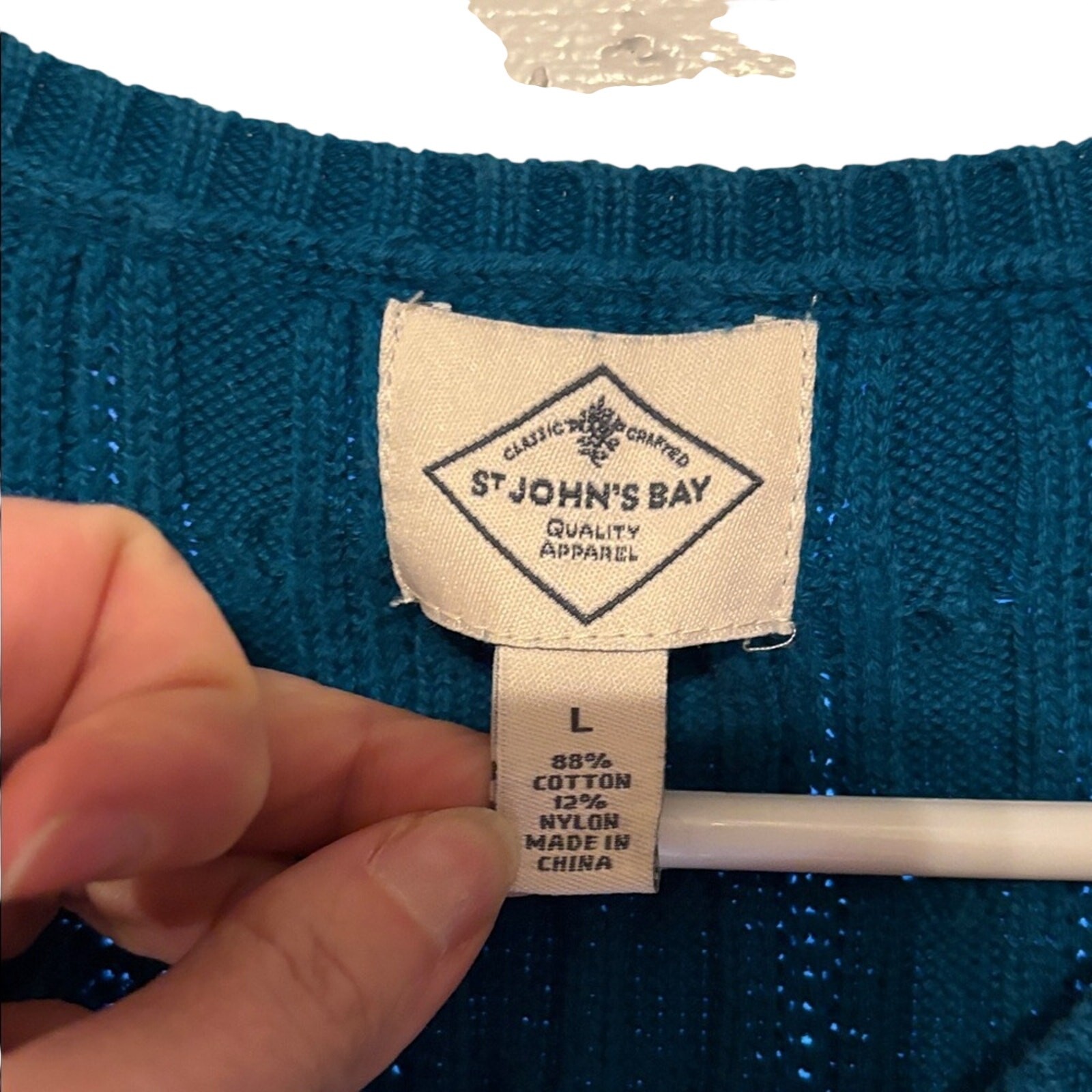 St. John’s Bay Cable Knit Sweater Women’s Large Teal V-Neck Cozy Classic
