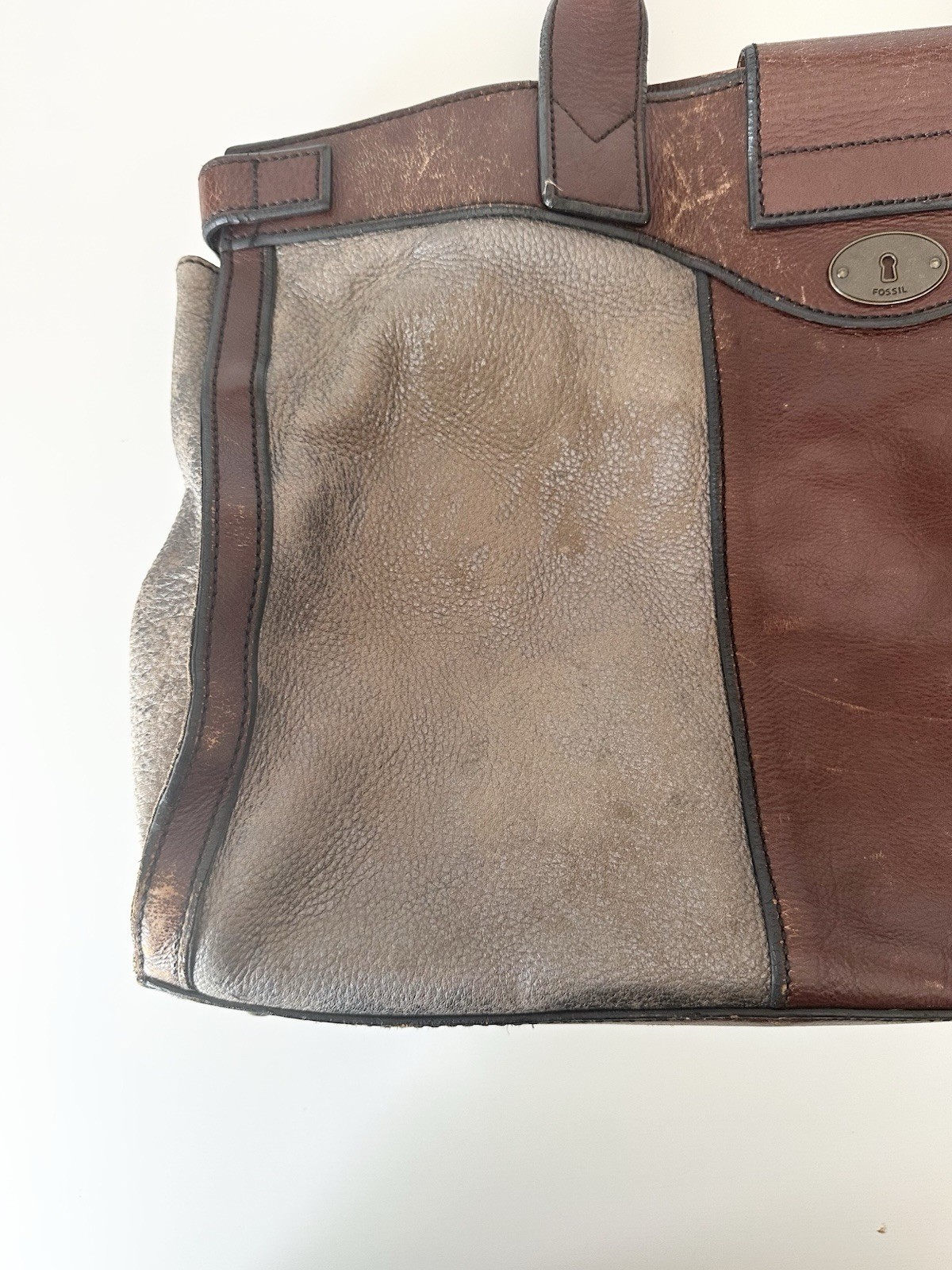 Fossil Colorblock Tote Bag Brown Gray Turn Lock Large Bottom Studs Inner Pockets