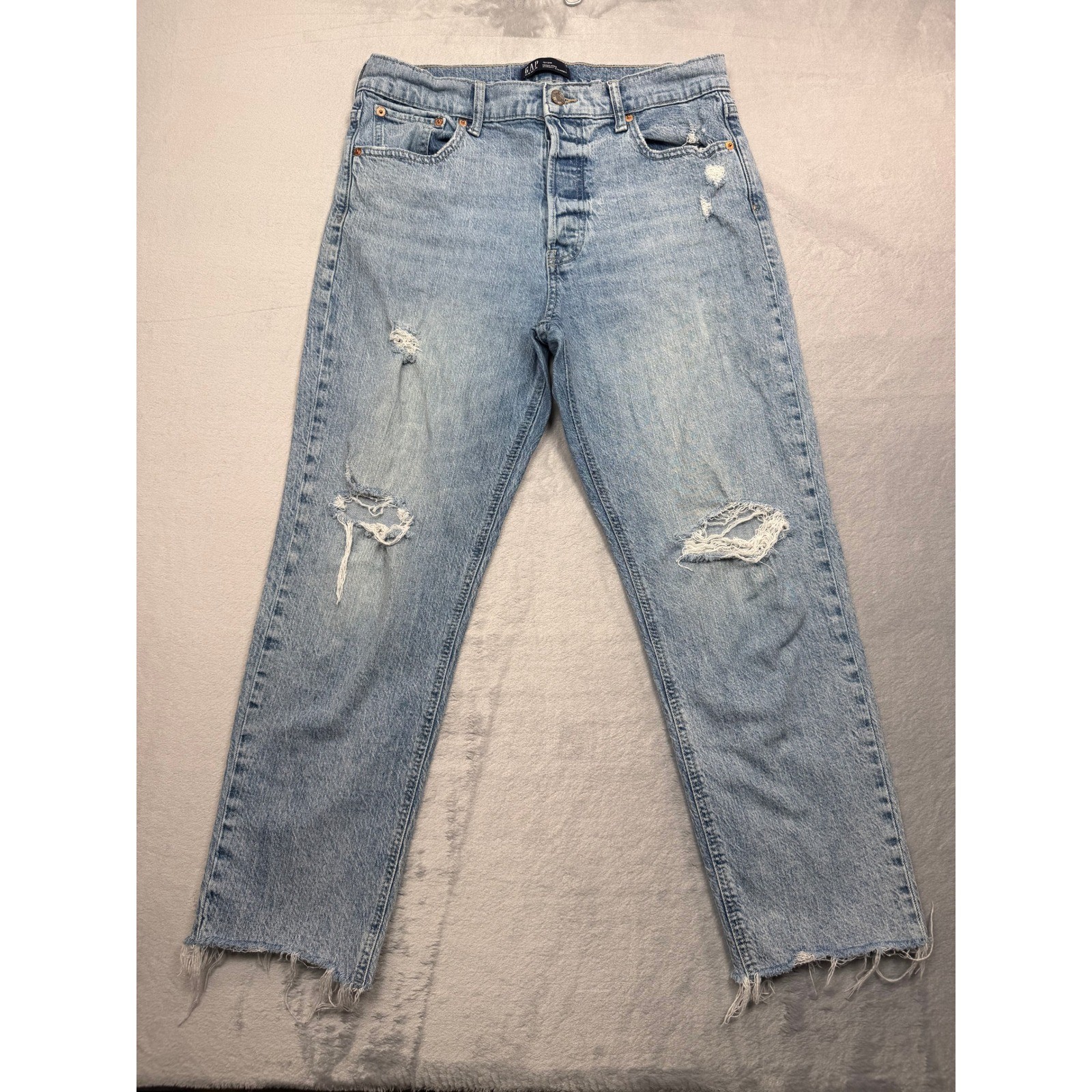Gap Sky High Straight Jeans Womens 33 Light Blue Distressed Raw Hem 0626-0505