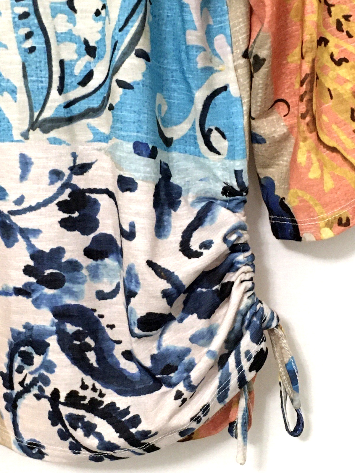 Alfred Dunner L Side Pull Tie Patchwork Print Decorative Neckline 3/4 Sleeve Top