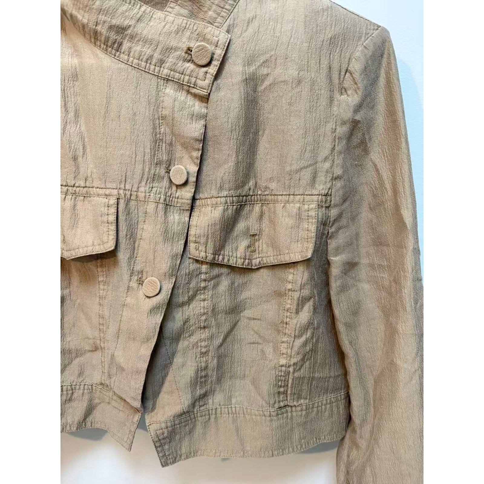 Y2K Cropped Utility Jacket Tan Khaki Asymmetric High Neck Cargo Shirt Blazer S
