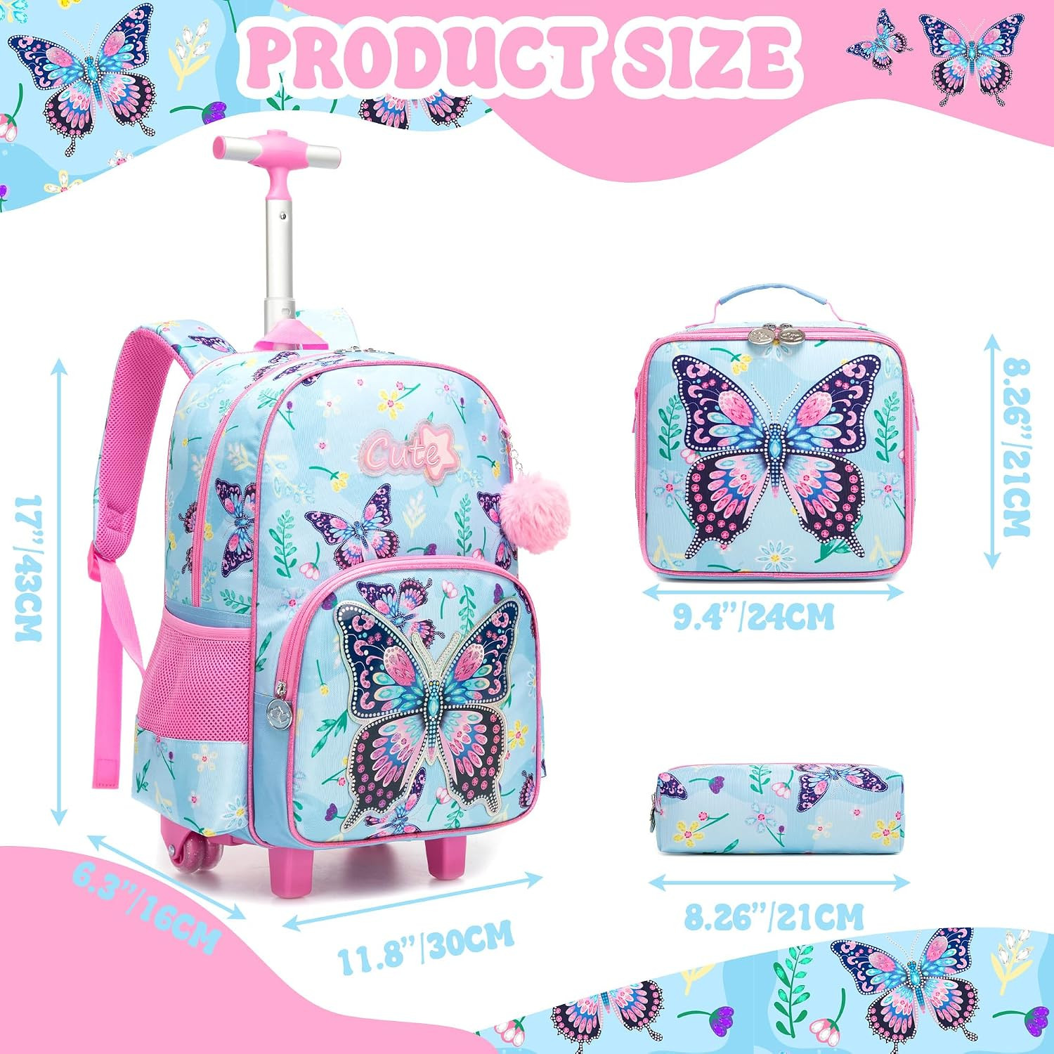 Kids Rolling Backpack with Wheels for Girls Cute Butterfly School Roller Backpac