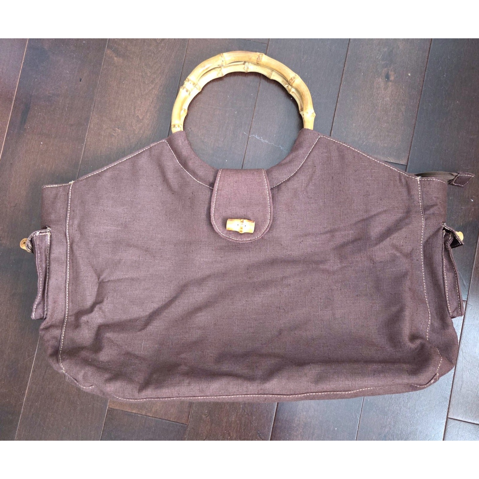 Large Brown Hemp Beach Tote Bag Bamboo Top Handle Zip Closure Boho Summer Travel
