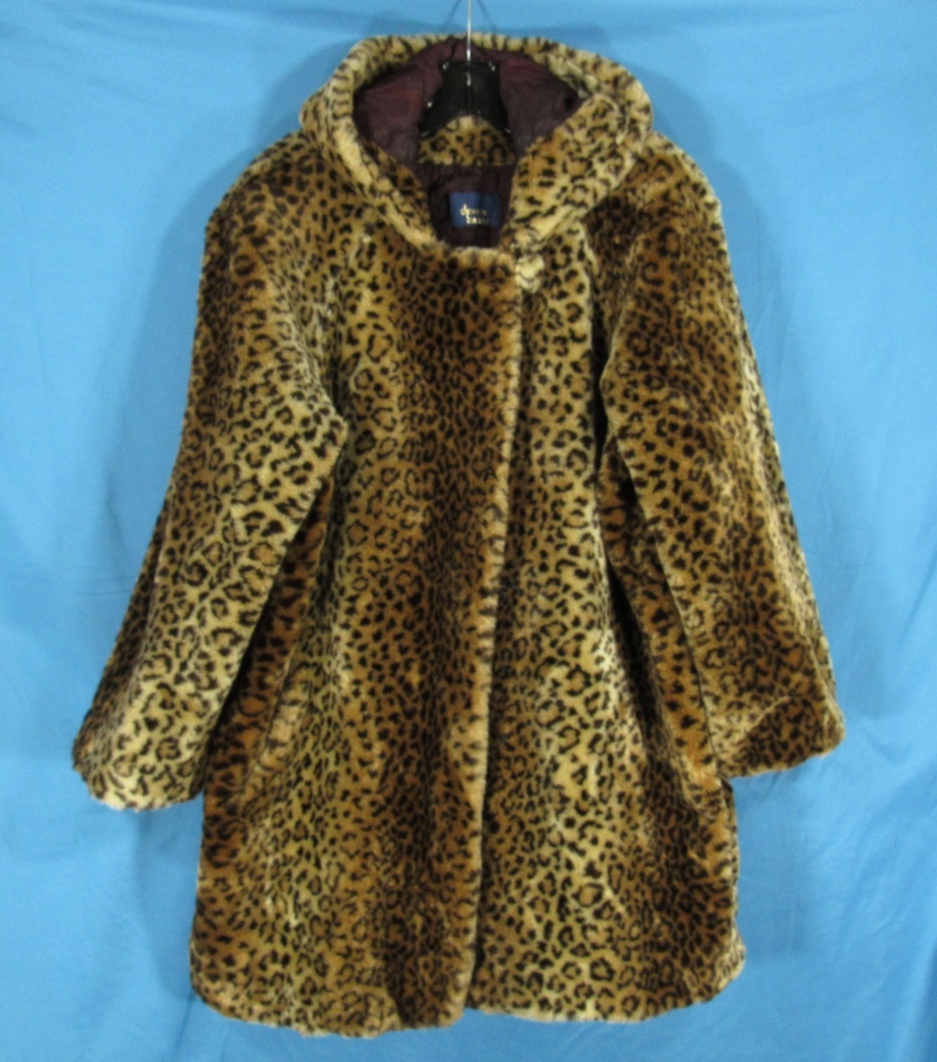 DENNIS BASSO Brown LEOPARD FAUX FUR Zip/Hook & Eye POCKETS Hooded JACKET Sz M