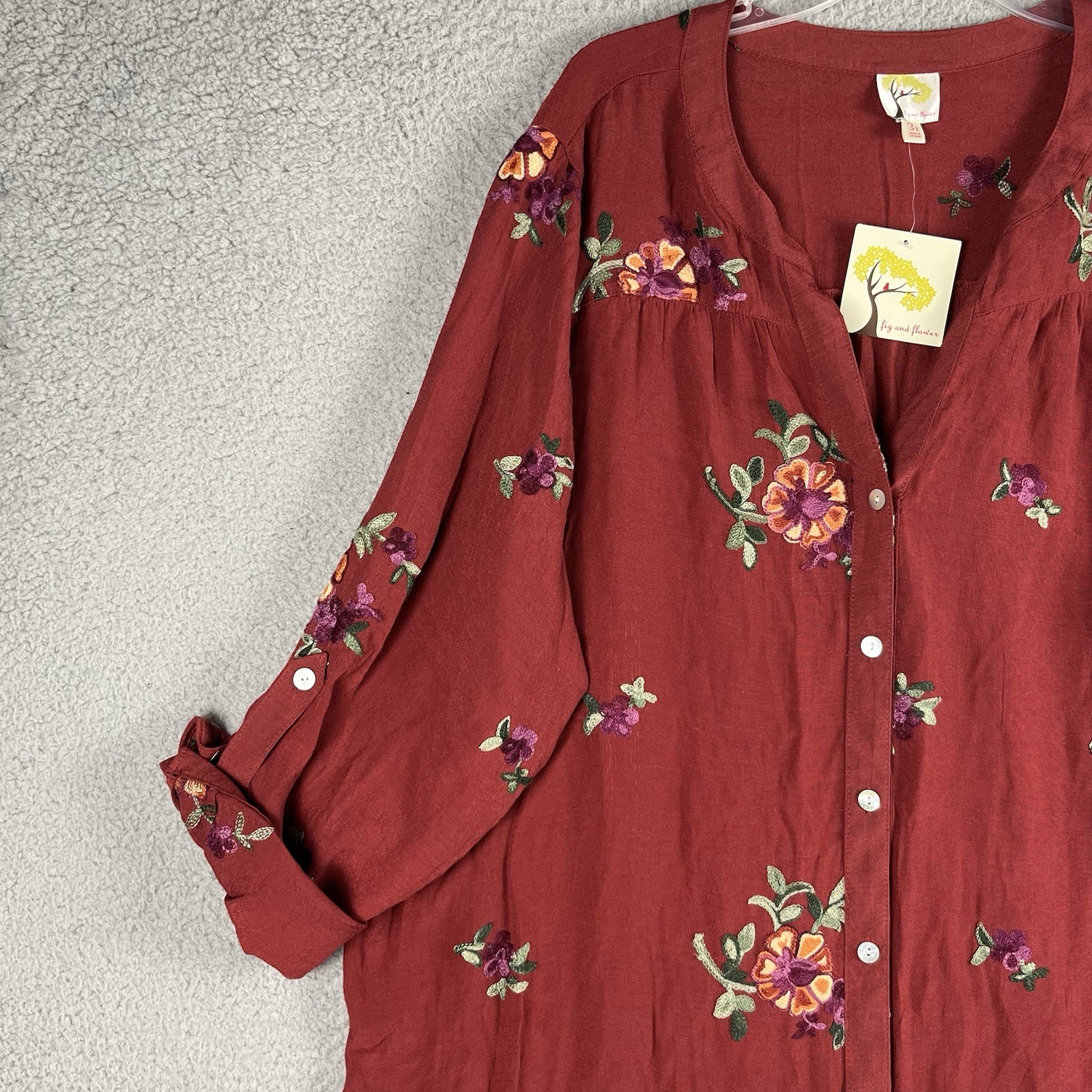 NEW Fig and Flower Blouse Womens 3X Burgundy Embroidered Floral Button Up Top