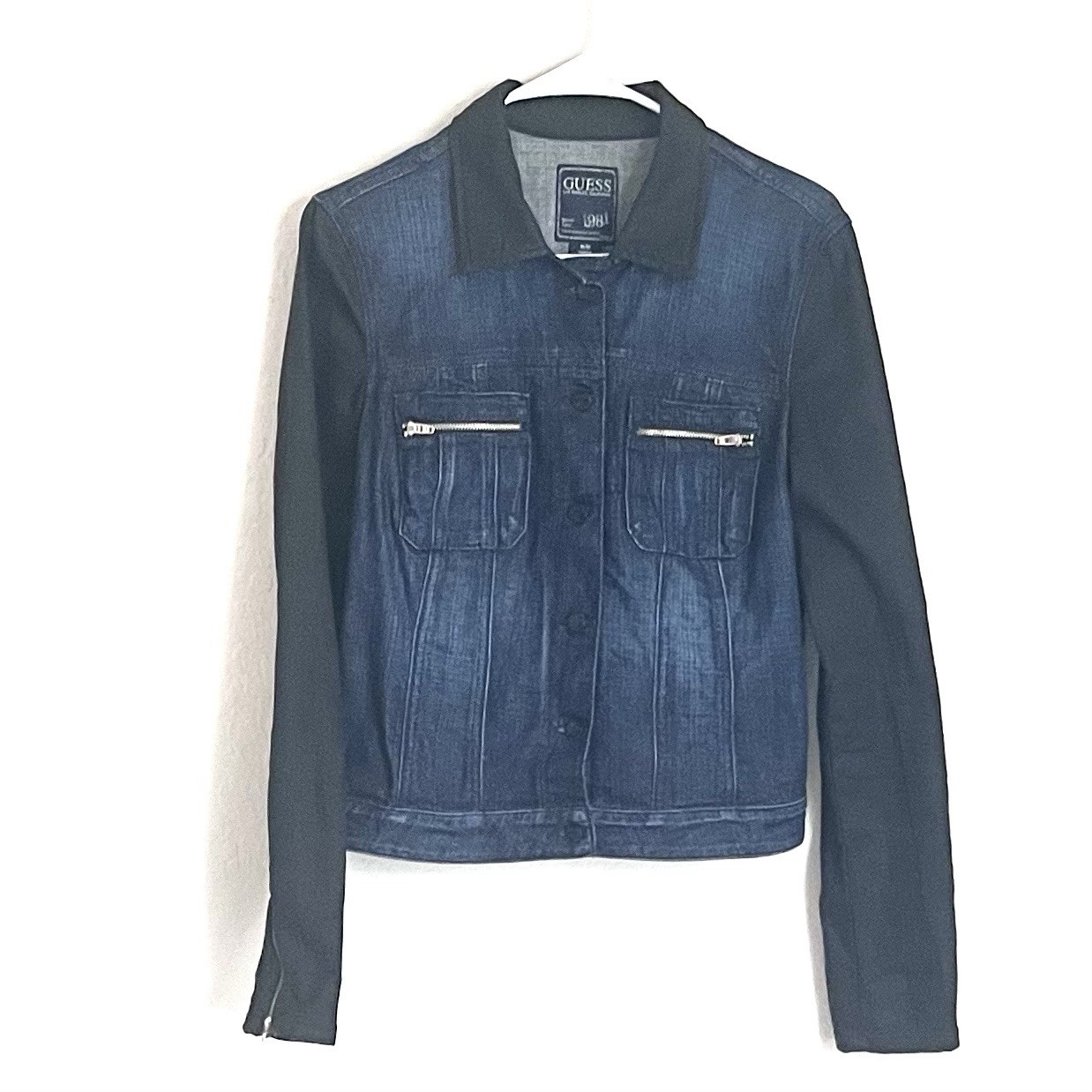 GUESS Los Angeles Women’s Medium Denim Moto Jacket Black Coated Sleeve Zip Cuff