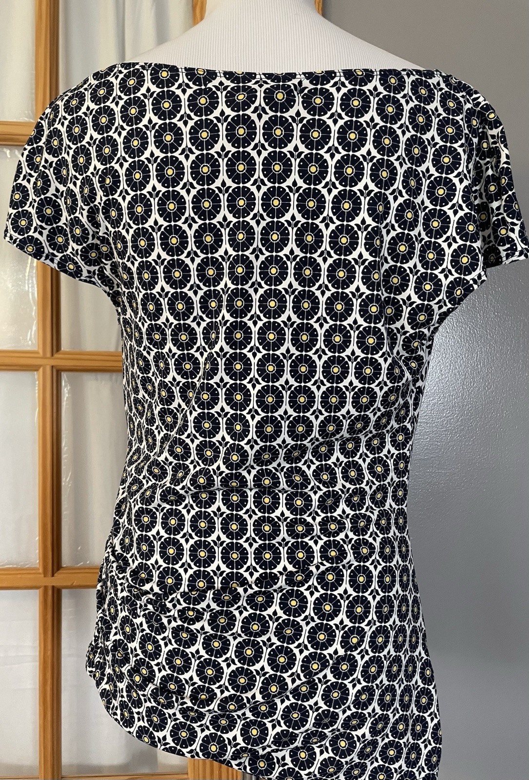 Max Studio floral Cowl Neck Blouse Sz L Black Side Ruched Pullover Career City
