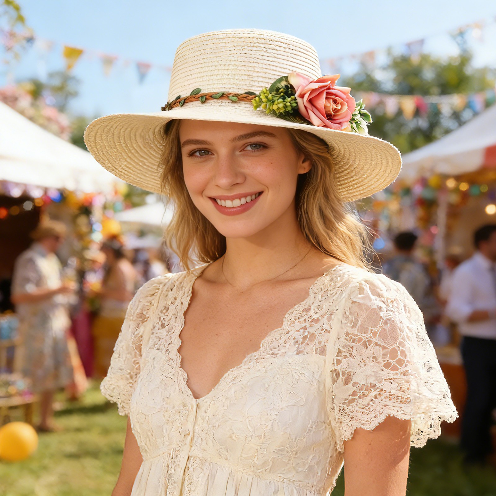 Women’s 3D Floral Decor Straw Wide Brim Flower Sun Hat Summer Outdoor Beach Hat