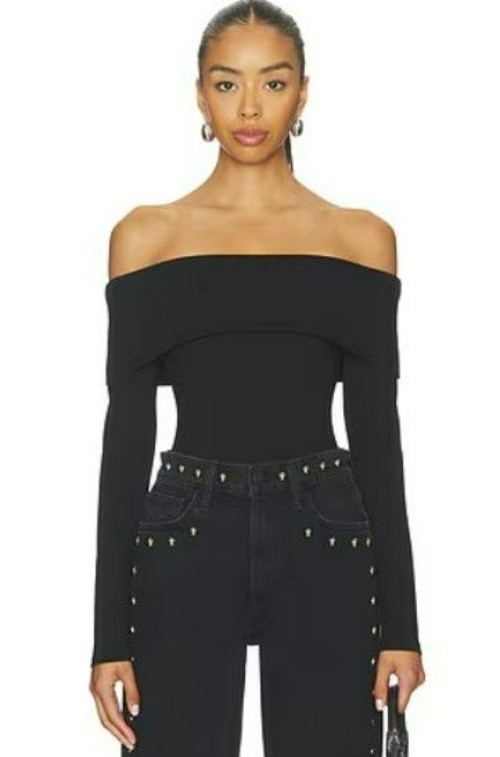 HELSA Revolve Black Sheer Knit Off The Shoulder Top Mesh Jersey Long Sleeve