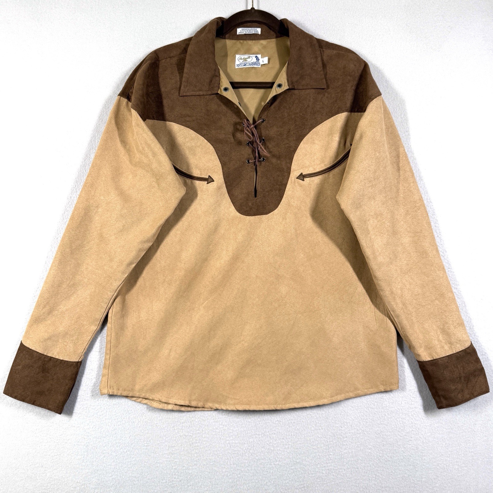 Vintage Panhandle Slim Western Shirt Large Faux Suede Smile Pocket Lace Up Snap