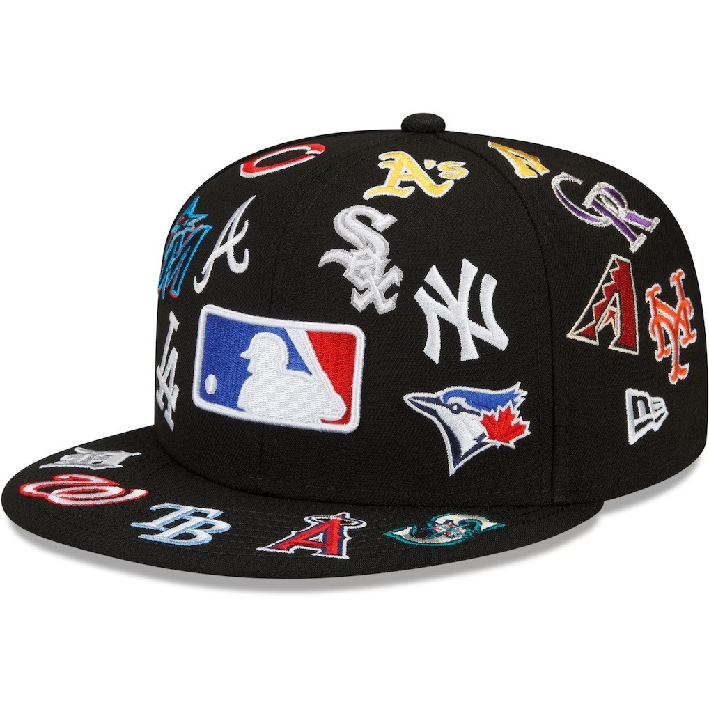 New Era 59Fifty Black MLB Allover Team Logos Grey Under Visor – NWT – 7 1/2