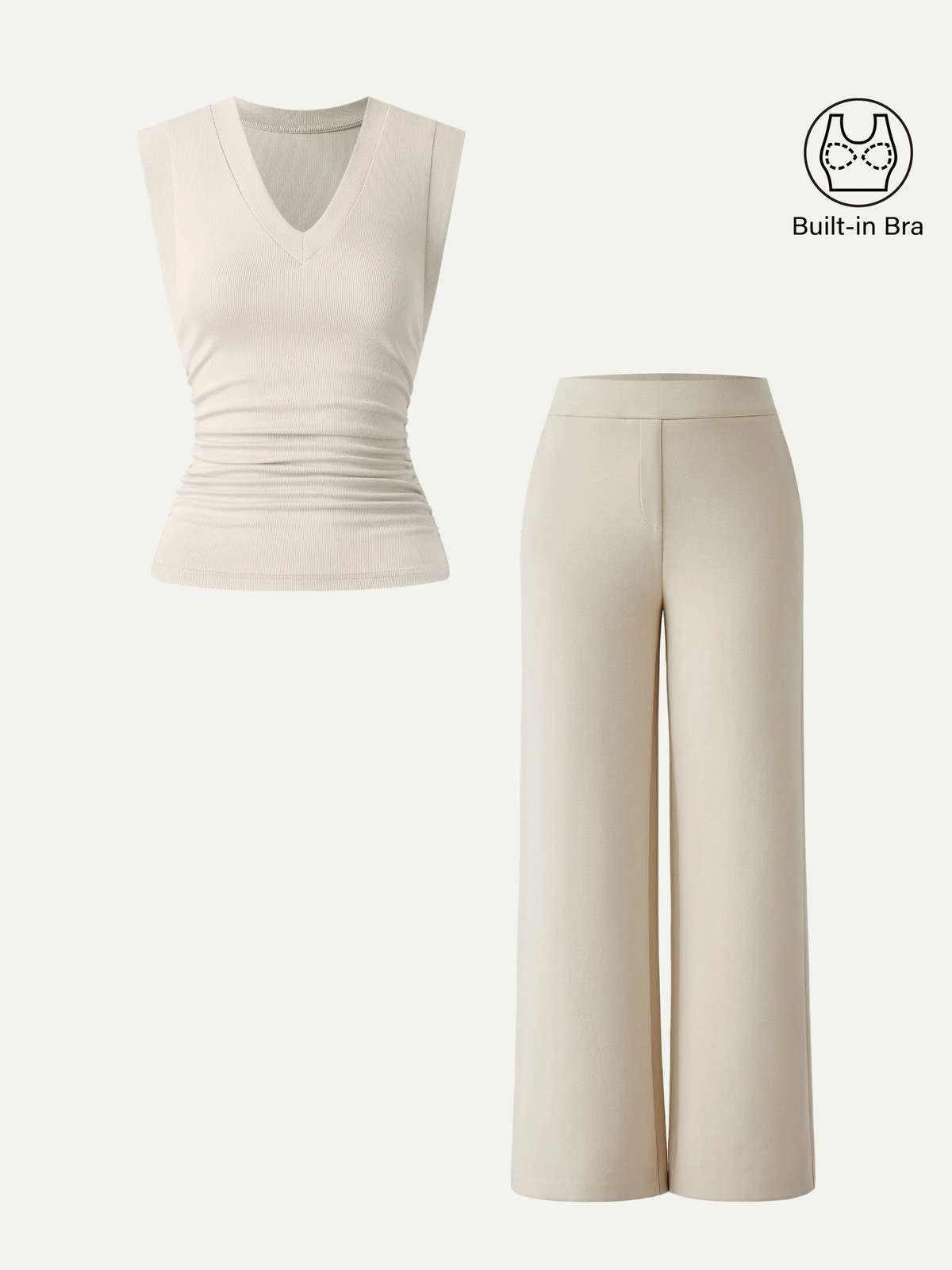 2Pcs Set V-neck Bra Top & Mid Rise Straight Pant with Pockets-OGLmove|118912