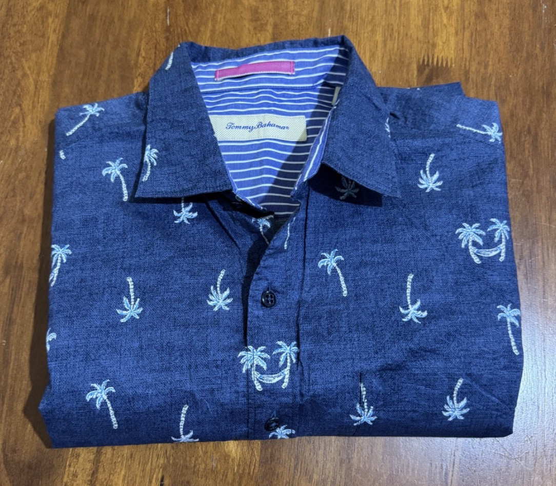 Tommy Bahama Mens M Cotton Stretch Tropical Palm Tree Blue Short-Sleeve Shirt M