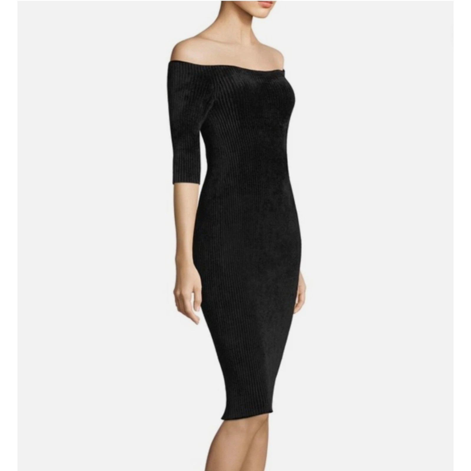Helmut Lang Italian Yarn Off Shoulder Ribbed Knit Bodycon Midi Dress Size M