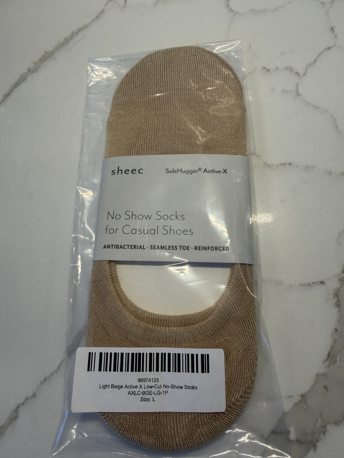 sheec SoleHugger Active-X Antibacterial Seamless Toe No-Show Socks Beige L
