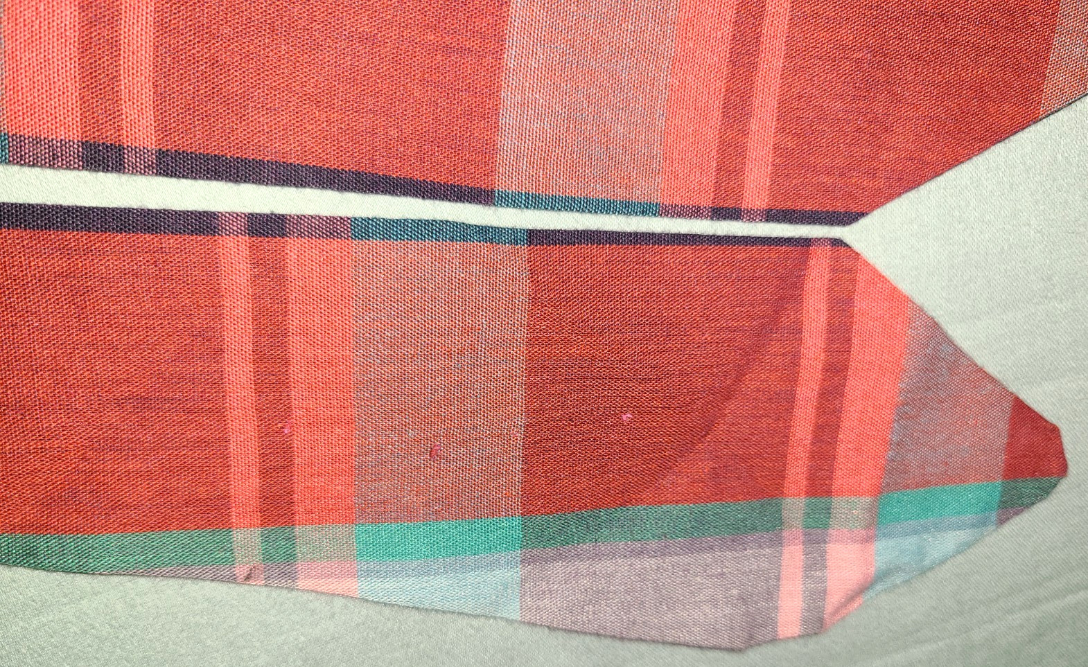 Vtg cotton Madras plaid multicolor reversible tie, red blue purple green