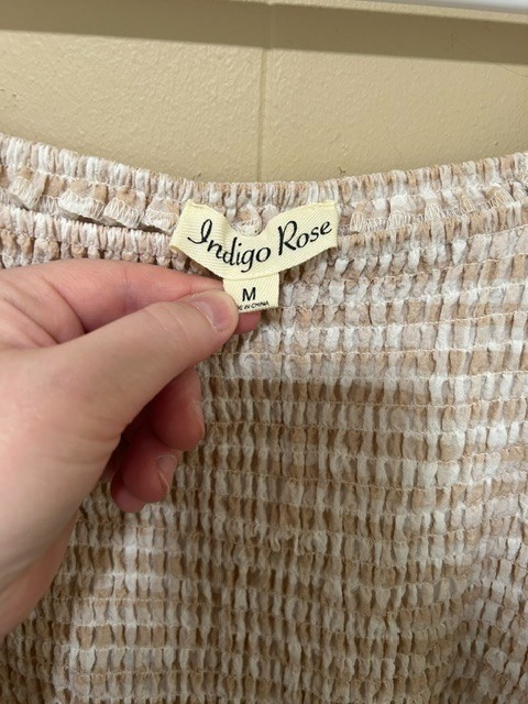 Indigo Rose Gingham Maxi Dress M Beige Smocked Cottagecore Prairie Milkmaid