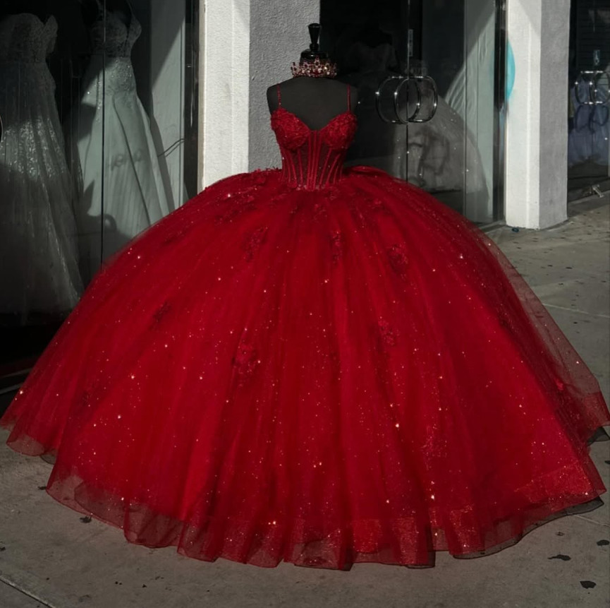 Princess Red Quinceanera Bow Sweet Prom Party Ball Gowns Silver-