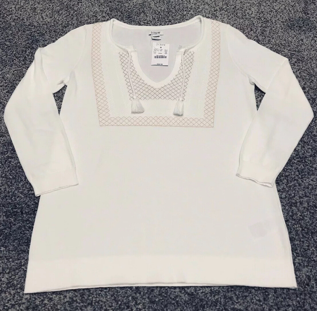J.Crew Factory Ivory Embroidered V-Neck Sweater XXS NWT