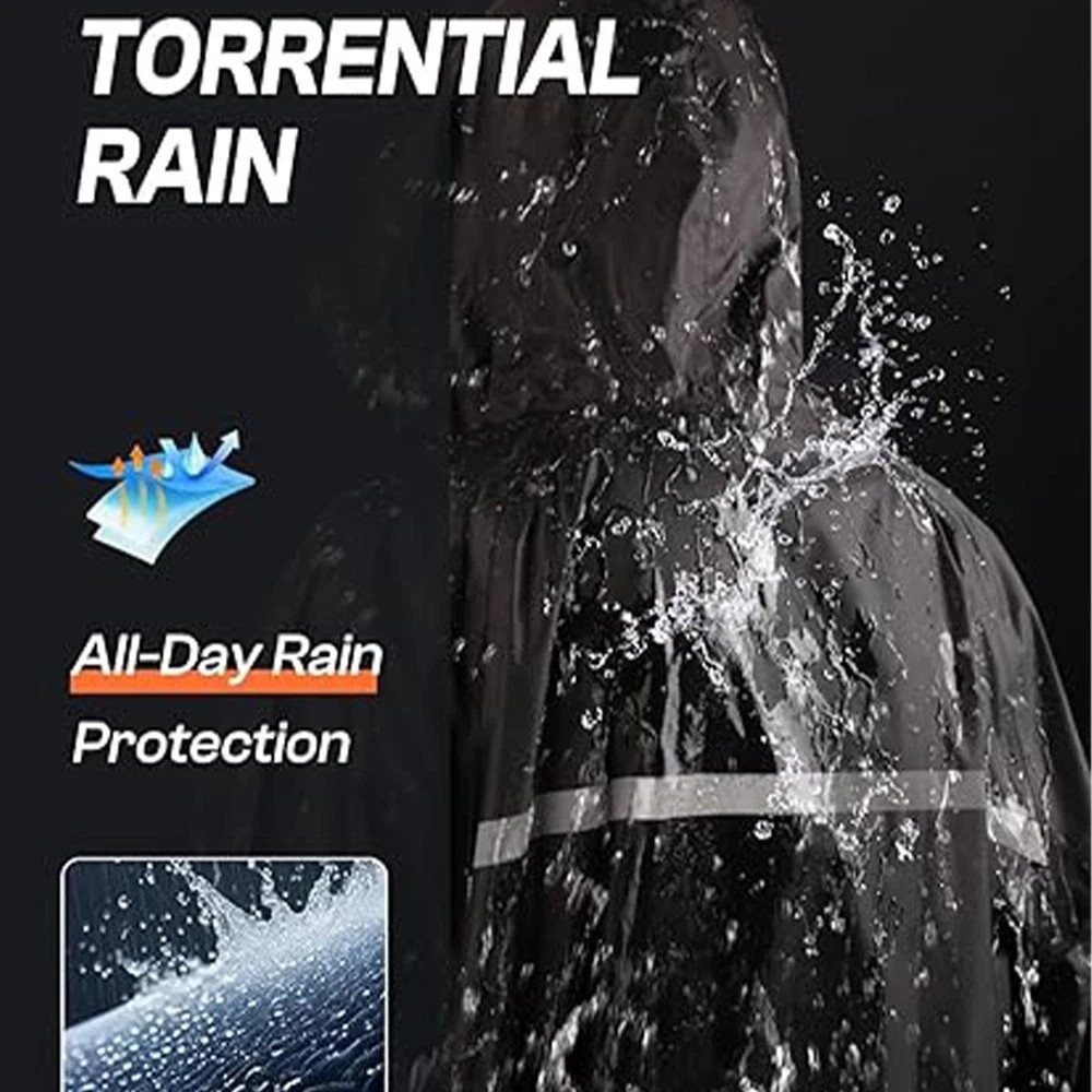 Men Black Waterproof Long Raincoat Hooded Trench Jacket Outdoor Hiking Rain Coat
