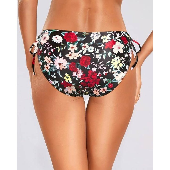 ZMART Womens Floral Side Tie Bikini Bottom Black Multi Color Mid Rise Size Large