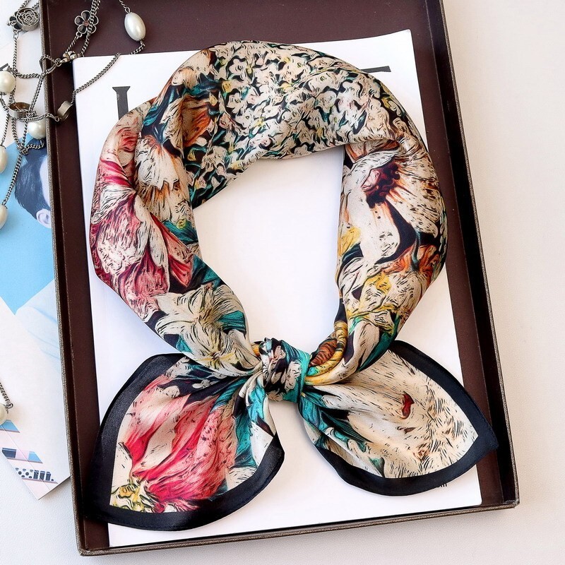 Luxury 27x27in 100% Silk Scarf – Colorful Floral Print Women’s Kerchief Wrap
