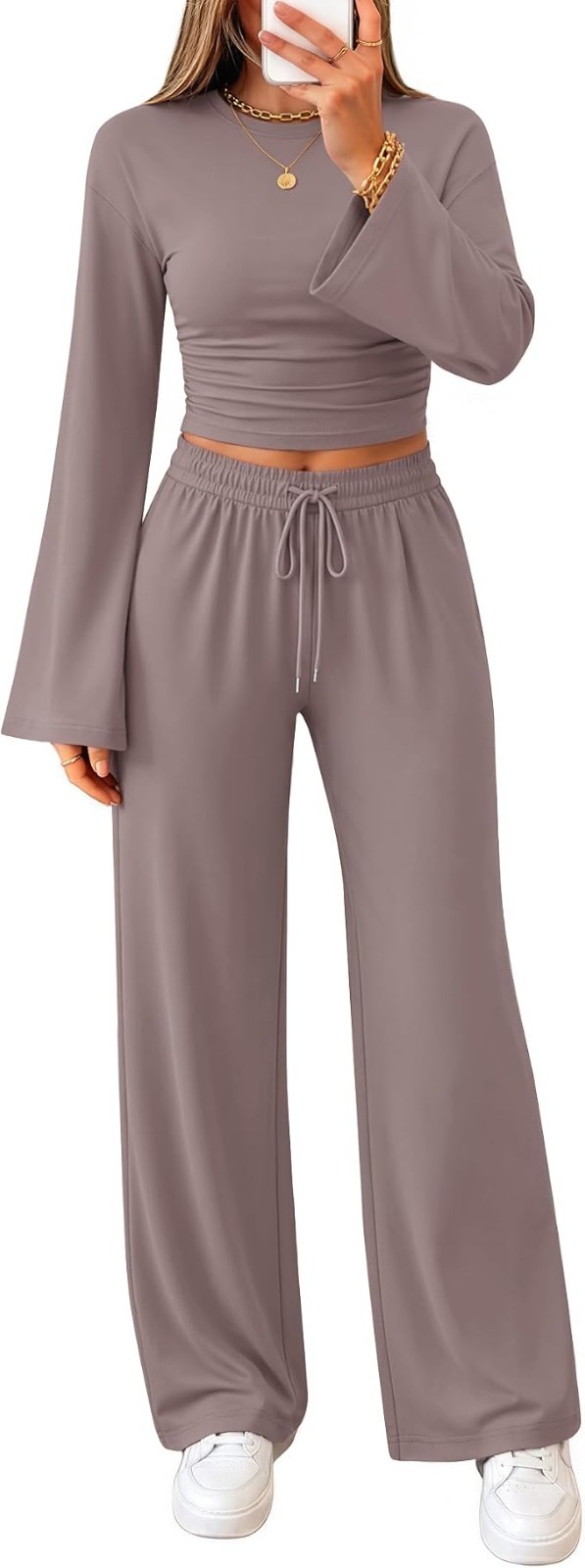 ZESICA Womens 2 Pc Lounge Set Ruched Bell Sleeve Top Wide Leg Pants Rose Taupe M