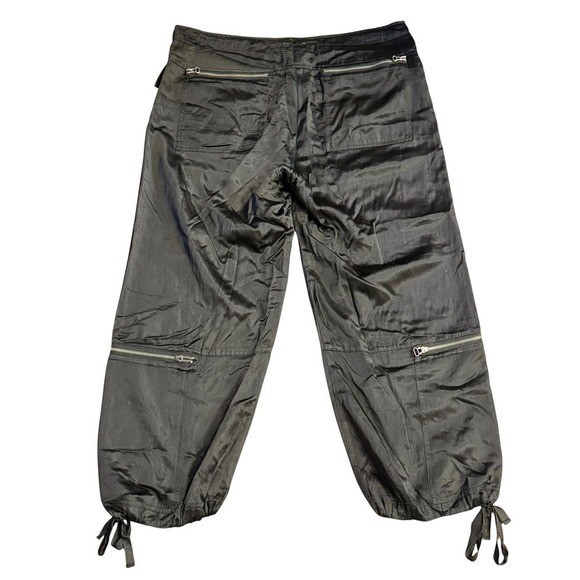 Y2K Black Cargo Capri Pants Zip Knee Parachute Utility Tie Hem Silk Blend M