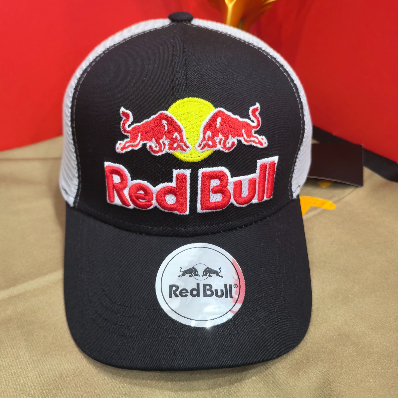 Red Bull Black Adjustable Baseball Cap with White Back Mesh Design