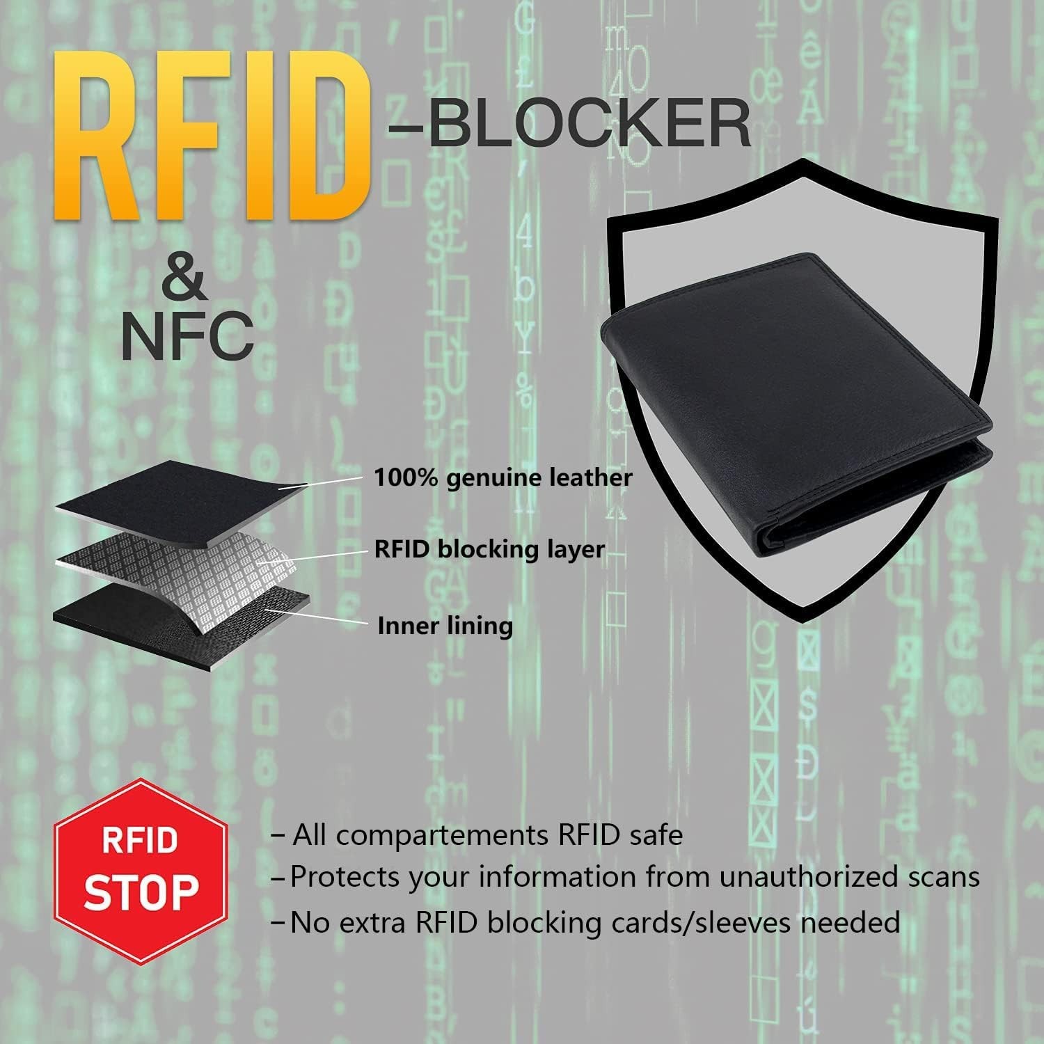Men’s Trifold Nappa Leather Wallet, 15 Card Slots, RFID Black