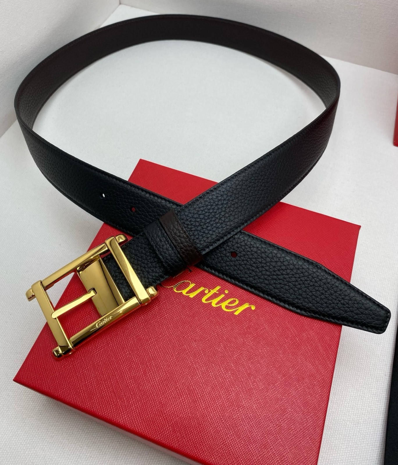 Cartier Black and brown double-sided cowhide men’s Gold buckle belt