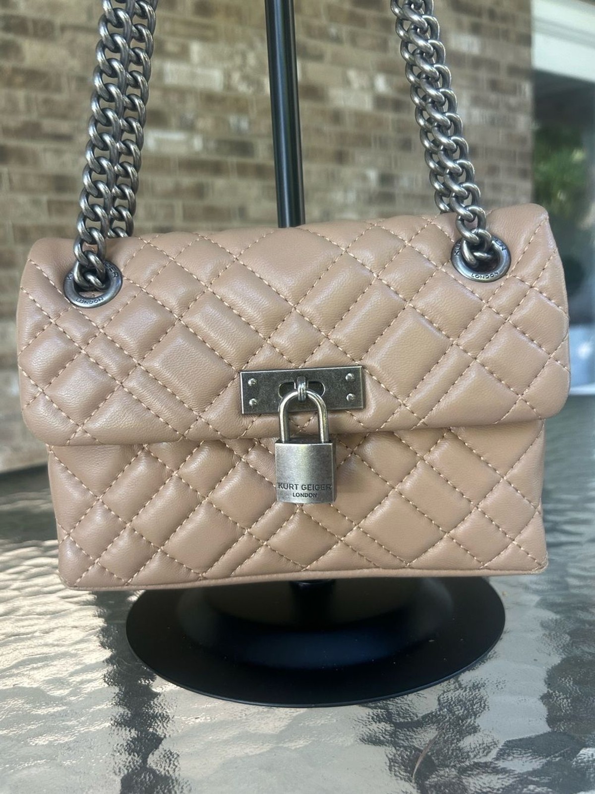 Kurt Geiger Lambskin Quilted Leather Mini Brixton Shoulder Bag with Chain Beige