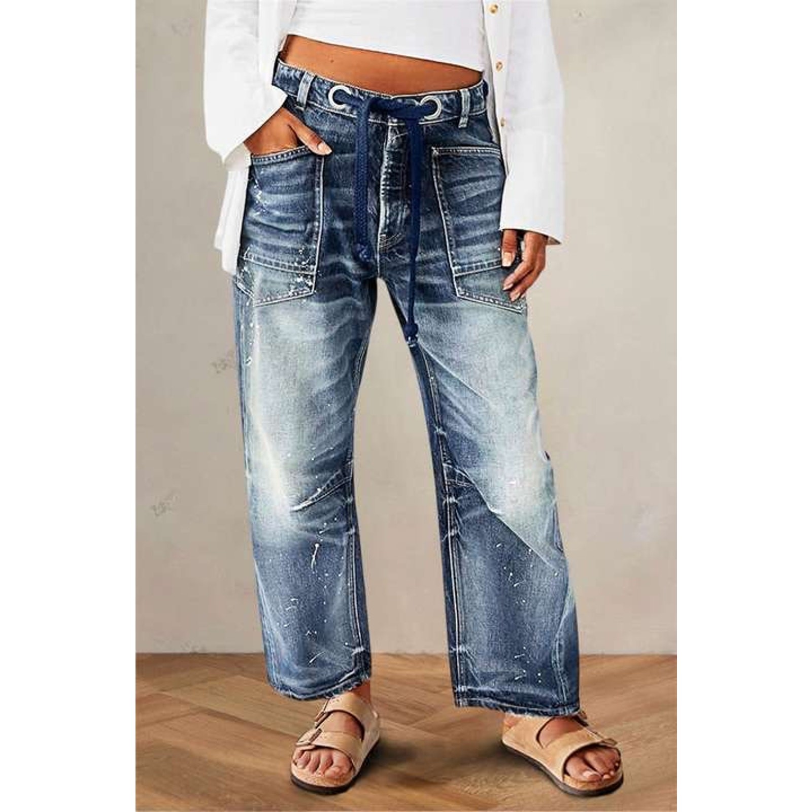 Flamingals Drawstring Grommet Eyelet Mid Waist Barrel Jeans