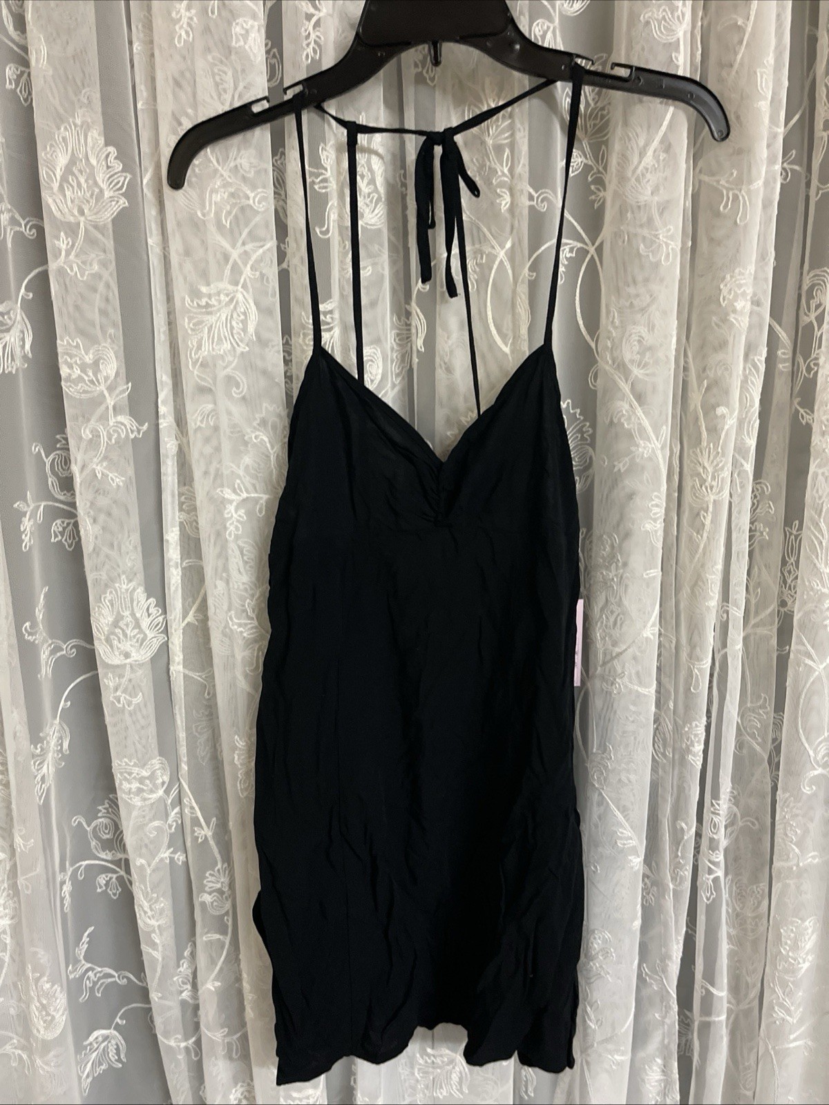 Kendall & Kylie Black Ruched Mini Dress XS Spaghetti Strap Tie Back Rayon NWT