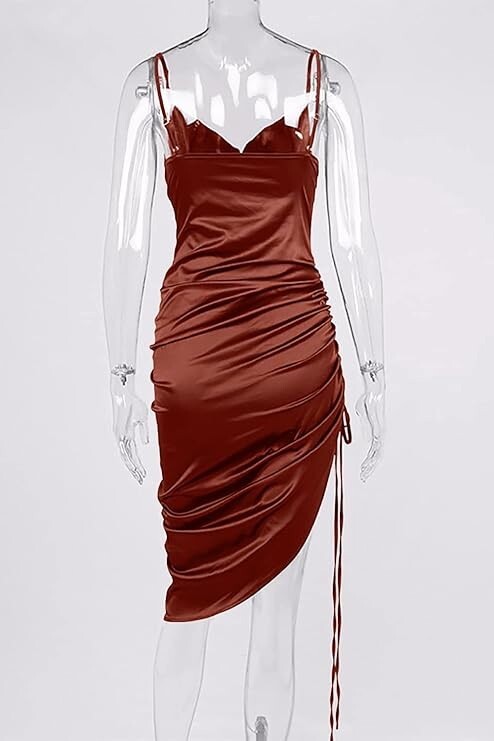 Women’s Plus Size Satin Cowl Neck Side Drawstring High Slit Party Dress, XL (B33