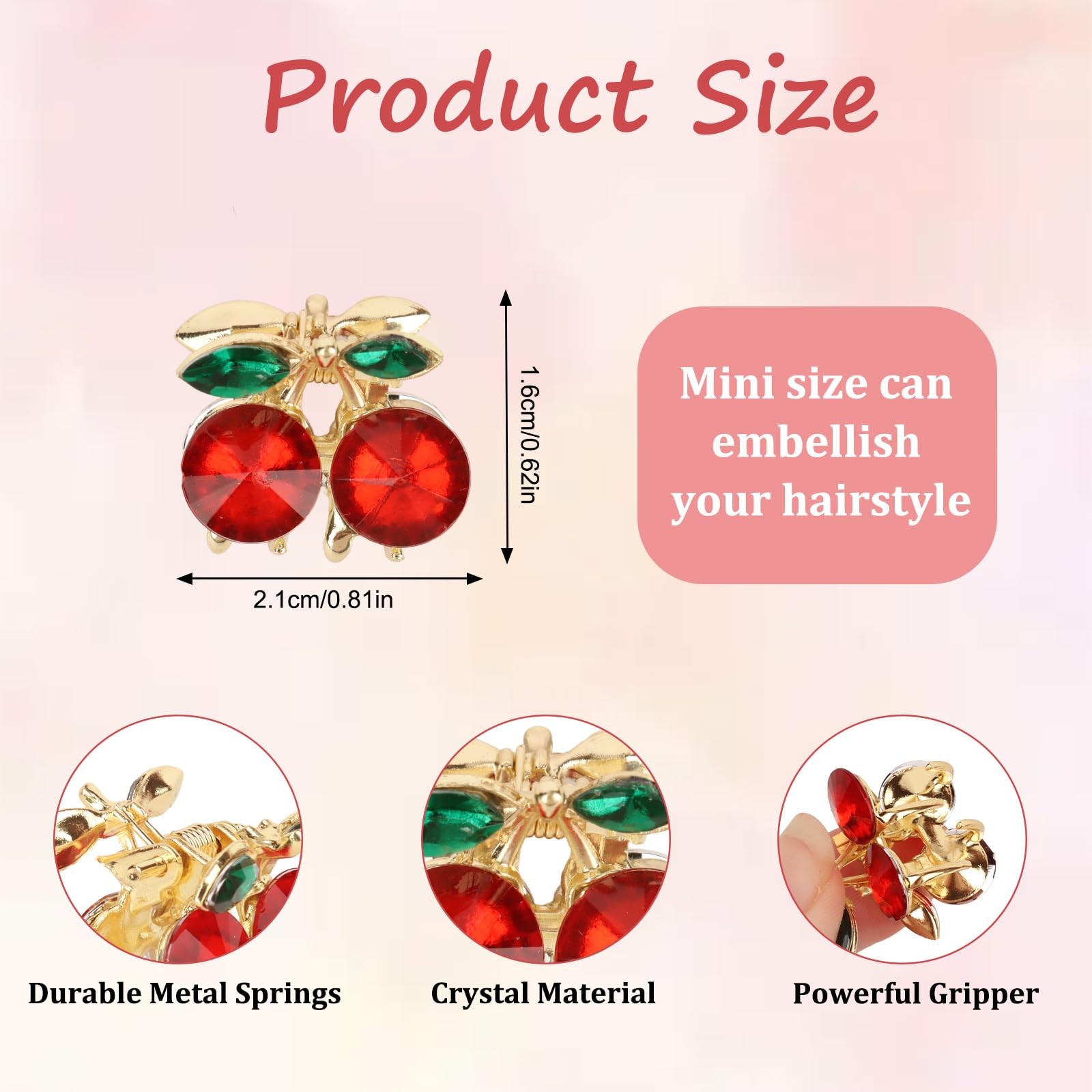 6Pcs Small Cherry Hair Clips Rhinestone 1 Count (Pack of 6), red